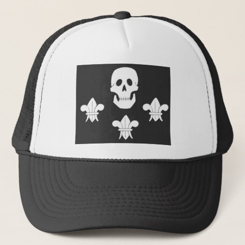 JOLLY ROGER SKULL AND THREE LILIES FLAG TRUCKER HAT