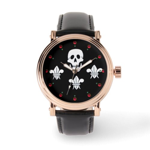 JOLLY ROGER SKULL AND THREE LILIES FLAG WATCH