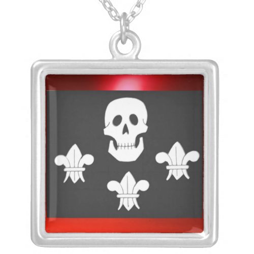 JOLLY ROGER SKULL AND THREE LILLES  FLAG SILVER PLATED NECKLACE
