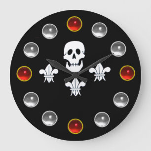 JOLLY ROGER SKULL THREE LILIES FLAG Red White Gems Large Clock