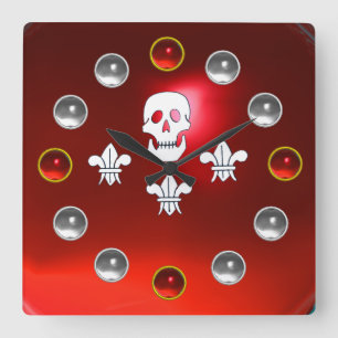JOLLY ROGER SKULL THREE LILIES FLAG Red White Gems Square Wall Clock