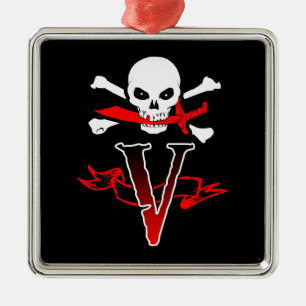 Jolly Roger V Monogram Initial Metal Ornament