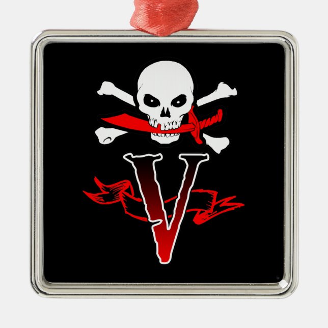 Jolly Roger V Monogram Initial Metal Ornament (Front)