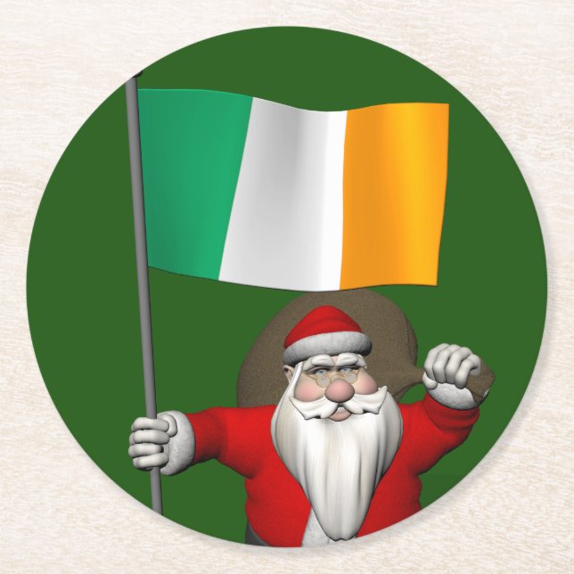 Jolly Saint Nicholas With Flag Of Ireland Round Paper Coaster (Front)