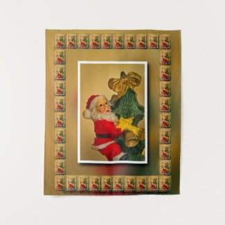 Jolly Santa atop Christmas Tree, Vintage Gold Art
