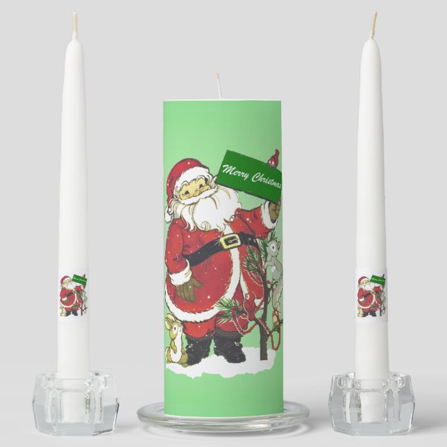 Jolly Santa Christmas Sign Tree Little Animals Unity Candle Set (Front)
