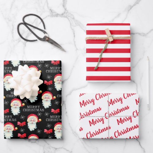 Jolly Santa Claus and Bows Red and Black Christmas Wrapping Paper Sheets