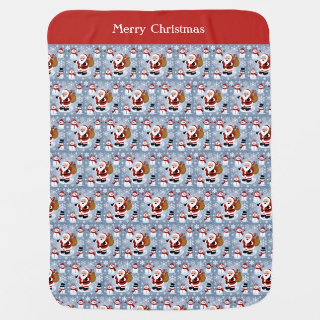 Jolly Santa Claus and Snowmen Christmas Pattern Baby Blanket (Front)