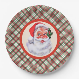 Jolly Santa Claus Christmas Plaid Party Paper Plates