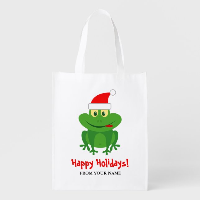Jolly Santa Claus frog cartoon Christmas Holiday Grocery Bag (Front)