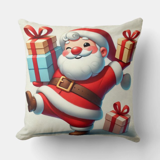 Jolly Santa Claus Holding Gift Boxes Throw Pillow (Front)
