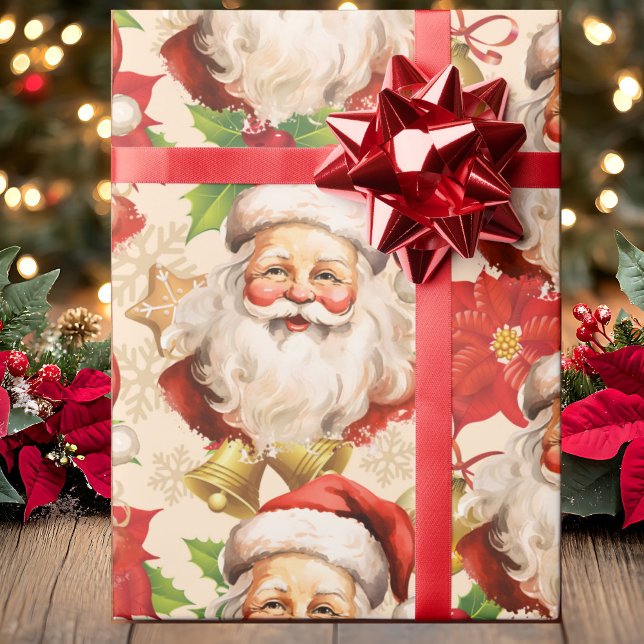 Jolly Santa Claus Holly Poinsettias Christmas Wrapping Paper (Creator Uploaded)