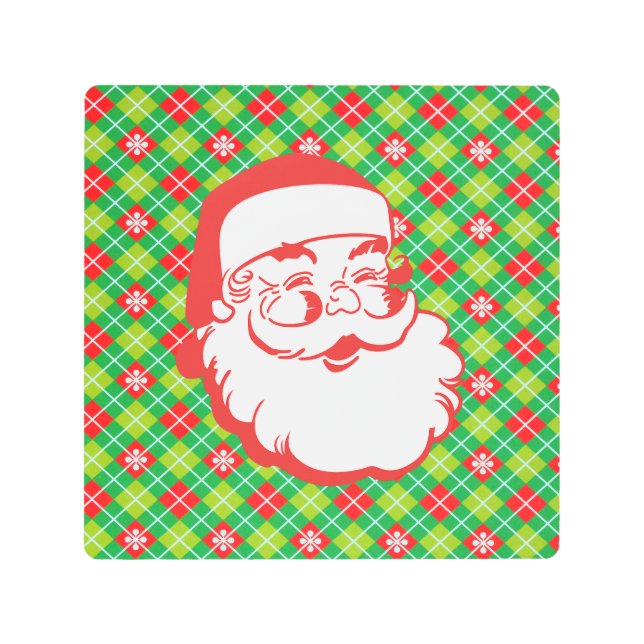 Jolly Santa Claus on Plaid Holiday Metal Print (Front)