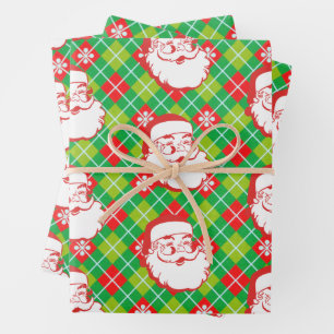 Jolly Santa Claus on Plaid  Wrapping Paper Sheets