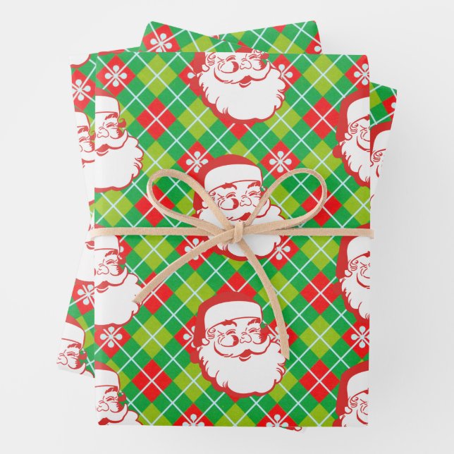 Jolly Santa Claus on Plaid  Wrapping Paper Sheets (In situ)