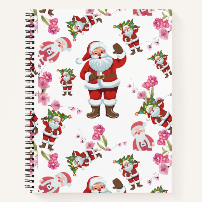 Jolly Santa Claus & Pink Floral Christmas Notebook (Front)