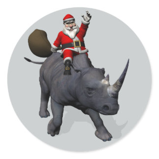 Jolly Santa Claus Riding An Rhino Classic Round Sticker