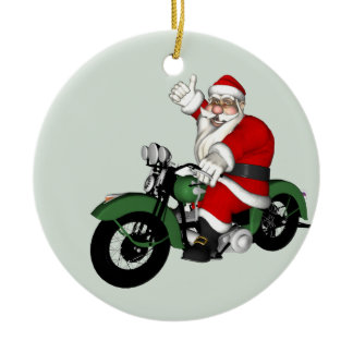 Jolly Santa Claus Riding Green Vintage Motorbike Ceramic Ornament
