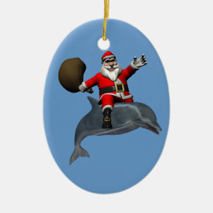 Jolly Santa Claus Riding On Dolphin Ceramic Ornament
