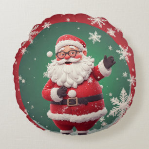 Jolly Santa Claus Surrounded by Snowflakes Round Pillow