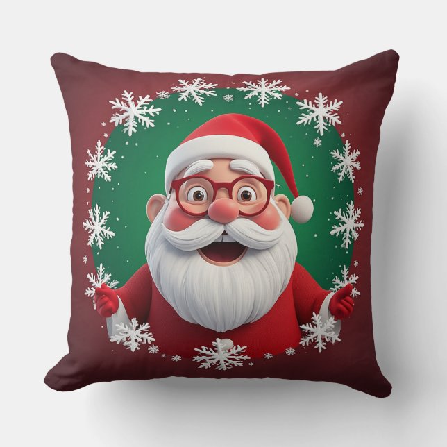 Jolly Santa Claus Surrounded by Snowflakes Throw Pillow (Front)