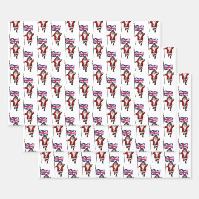 Jolly Santa Claus Waving Union Jack Wrapping Paper Sheets (Set)
