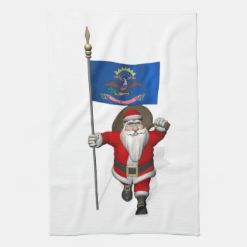 Jolly Santa Claus With Flag Of North Dakota Towel by santa_claus_usa at Zazzle