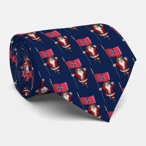 Jolly Santa Claus With Flag Of Tennessee Neck Tie