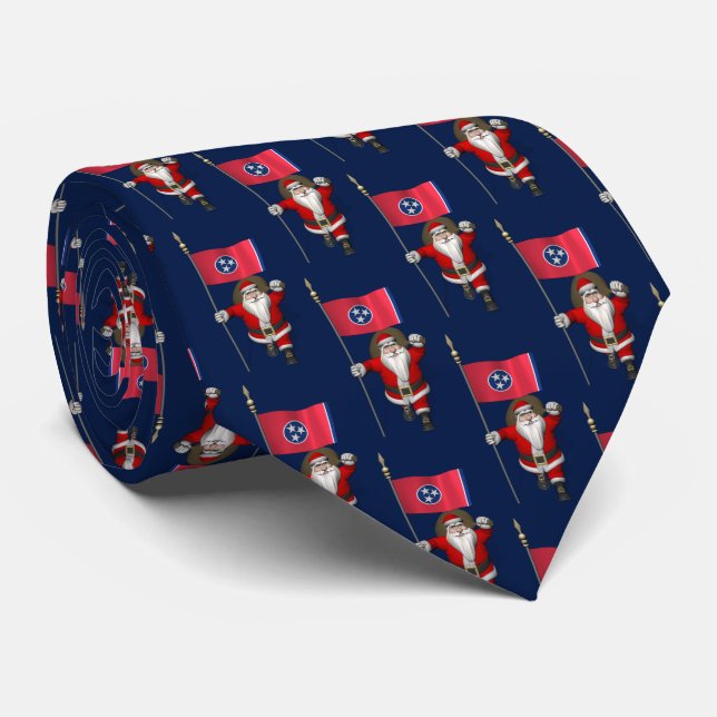 Jolly Santa Claus With Flag Of Tennessee Neck Tie (Rolled)