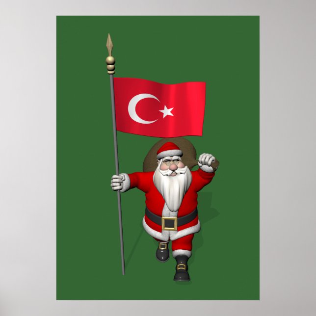 Jolly Santa Claus With Flag Of Turkey Poster (Front)