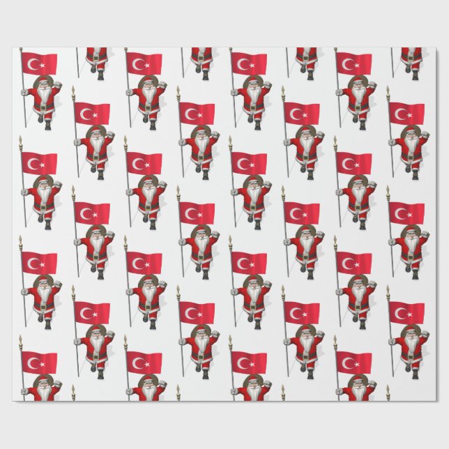 Jolly Santa Claus With Flag Of Turkey Wrapping Paper (Flat)