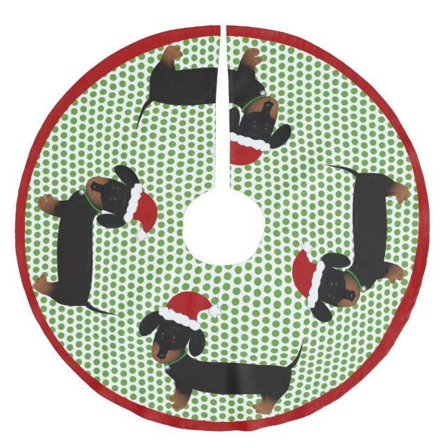 Jolly Santa Dachshunds - Black and Tan Brushed Polyester Tree Skirt (Front)