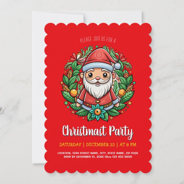 Jolly Santa Gnome Wreath Christmas Party Invitation (Front)