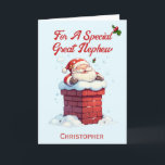 Jolly Santa in Chimney Great Nephew Christmas  Holiday Card<br><div class="desc">A fun Christmas card for a great Nephew with a design of a jolly Santa Claus stuck in a brick chimney with a snow covering. All text can be amended . Customize by amending the the title and who it is for, then personalize it with a name and your own...</div>