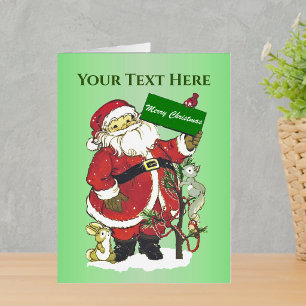 Jolly Santa in Snow With Animals Decorated Tree Card