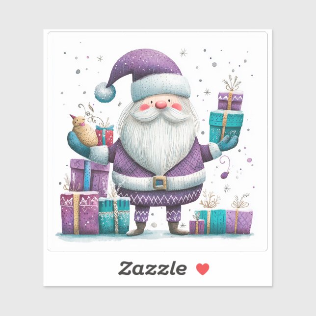 Jolly Santa in Violet With Christmas Gifts Sticker (Sheet)