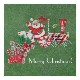 Jolly Santa Riding Peppermint Candy Train Green Faux Canvas Print