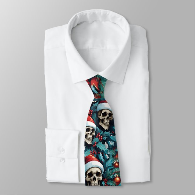 Jolly Santa Skulls Holly and Ornaments Christmas Neck Tie (Tied)