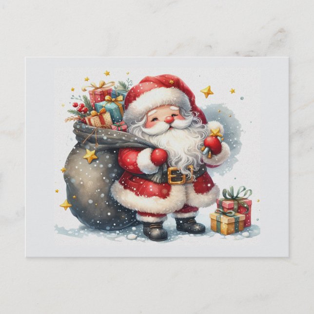 Jolly Santa with Gifts - Holiday Postcard  (Front)