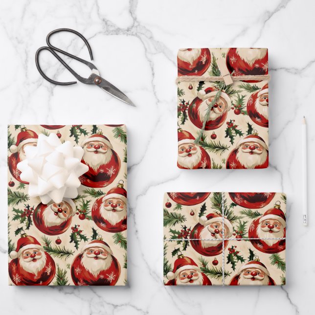 Jolly Santa's Festive Ornaments Delight Wrapping Paper Sheets (Front)