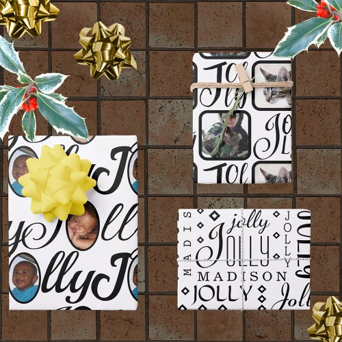 JOLLY Script Black On White 4 Photo Christmas Wrapping Paper Sheets