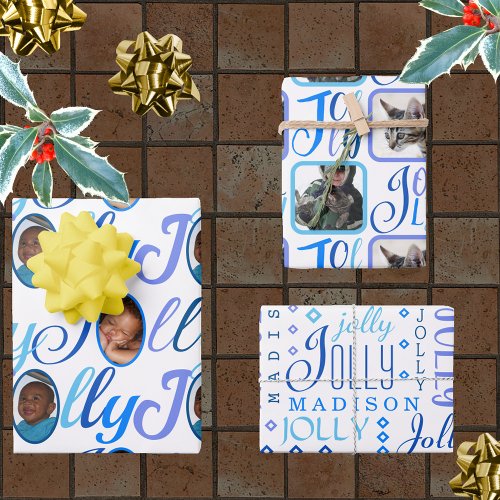 JOLLY Script Blue On White 4 Photo Christmas Wrapping Paper Sheets