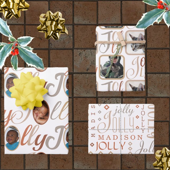 JOLLY Script Brown Tan On White 4 Photo Christmas Wrapping Paper Sheets (Creator Uploaded)
