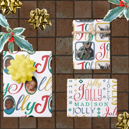 JOLLY Script Colorful On White 4 Photo Christmas Wrapping Paper Sheets