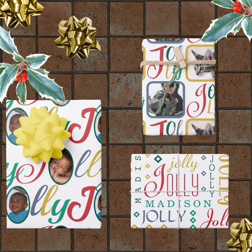 JOLLY Script Colorful On White 4 Photo Christmas Wrapping Paper Sheets