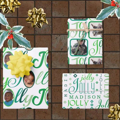 JOLLY Script Green On White 4 Photo Christmas Wrapping Paper Sheets