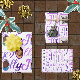 JOLLY Script Purple On White 4 Photo Christmas Wra Wrapping Paper Sheets