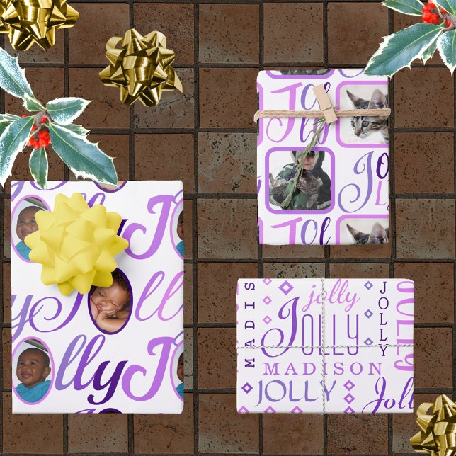 JOLLY Script Purple On White 4 Photo Christmas Wra Wrapping Paper Sheets (Creator Uploaded)