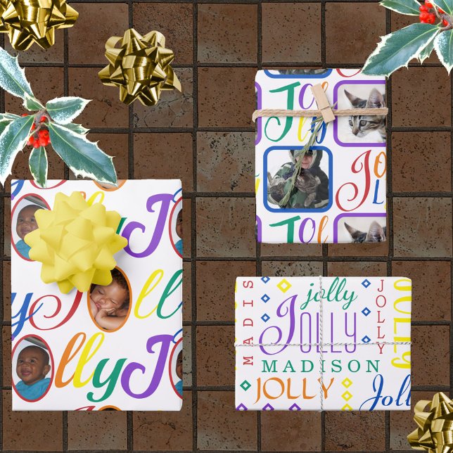 JOLLY Script Rainbow On White 4 Photo Christmas Wr Wrapping Paper Sheets (Creator Uploaded)
