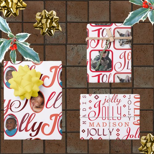 JOLLY Script Red On White 4 Photo Christmas Wrapping Paper Sheets